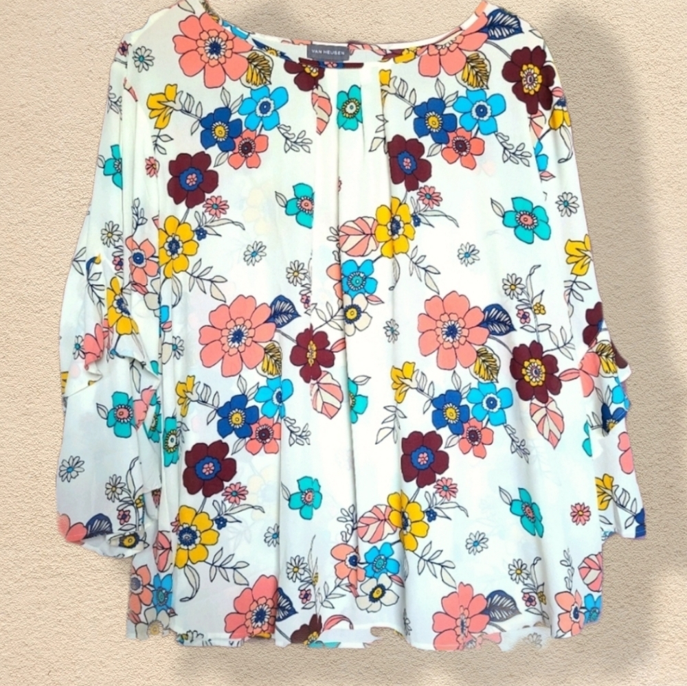 Van Heusen White with Multicolor Florals Ruffled Bell Sleeve Peasant Blouse 1x